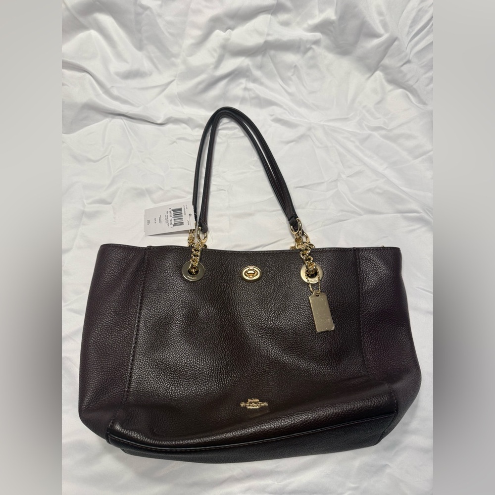 Coach Dark Brown Pebbled Leather Turnlock 2 Chain Tote Oxblood Gold Hardware